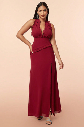 Vestido de fiesta con volantes halter burdeos con abertura